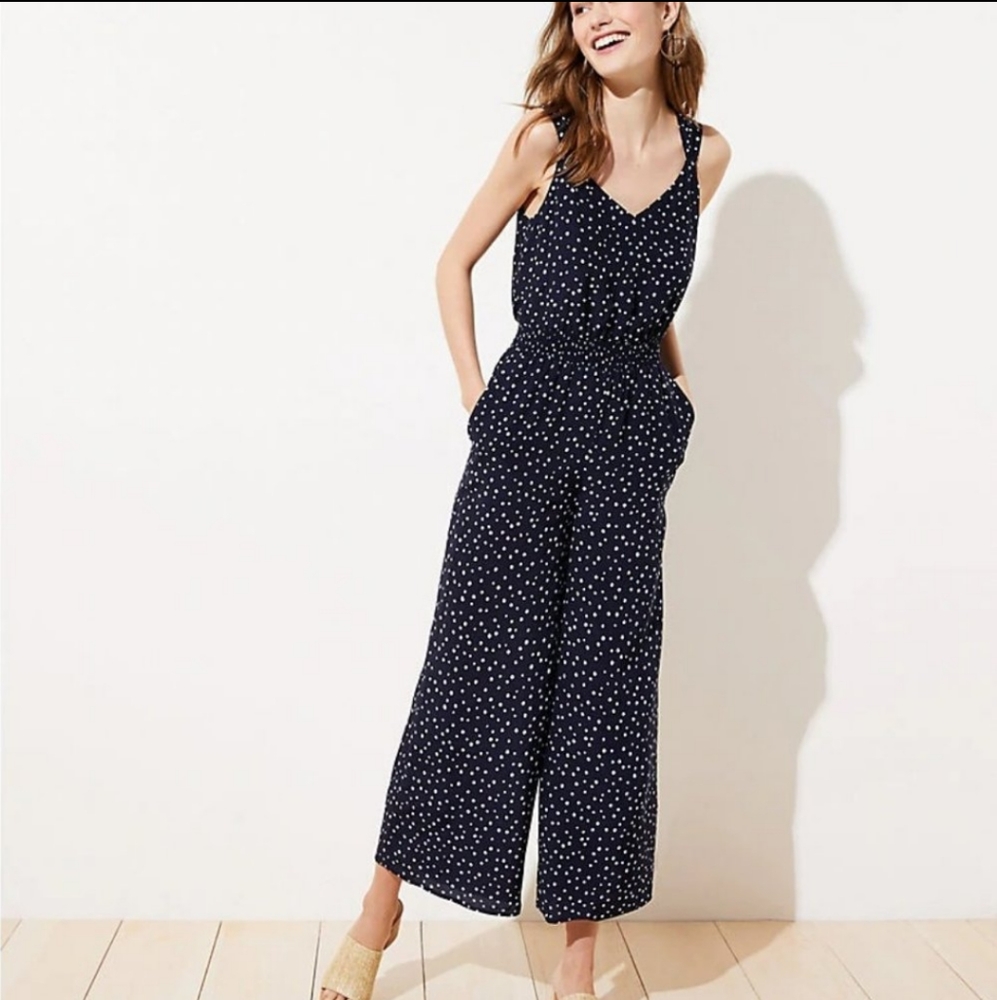 Loft polka dot smocked jumpsuit